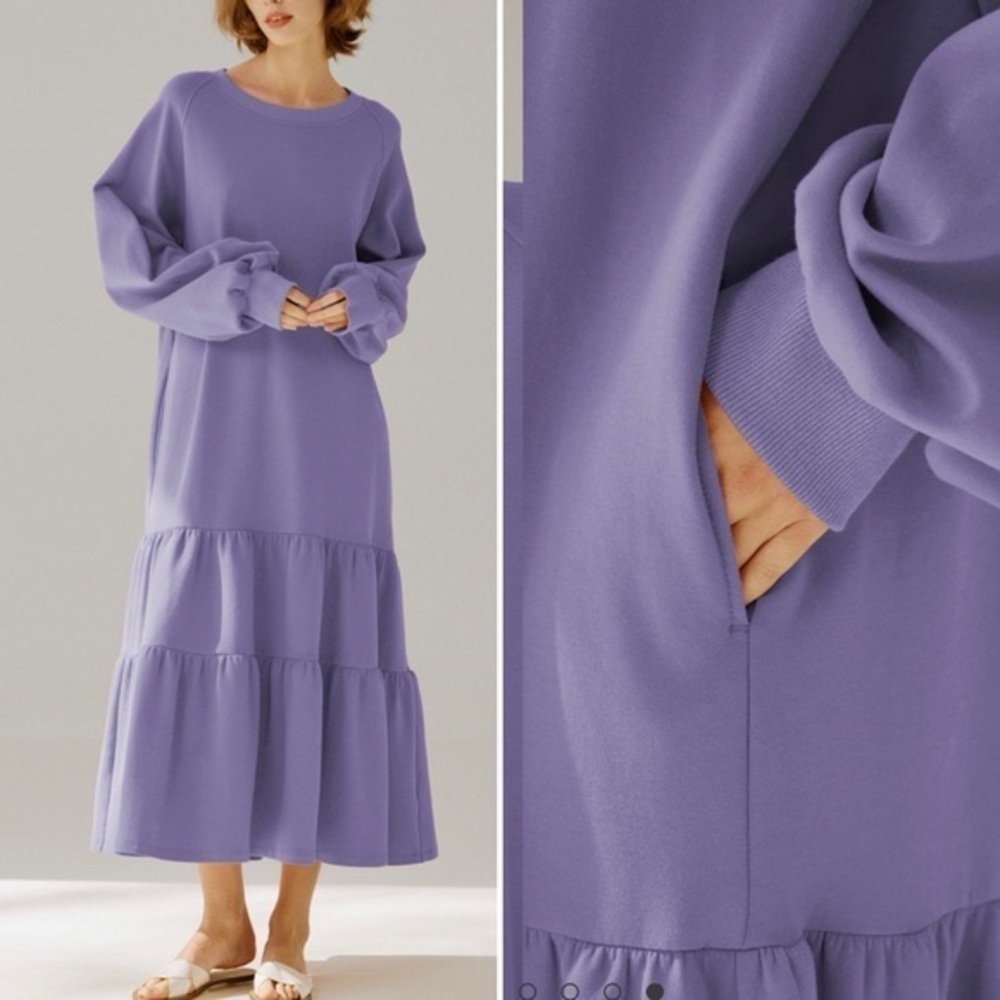 NAP Loungewear Cotton Maxi Dress Crew Neck Tiered Puff Sleeve Oversized Casual